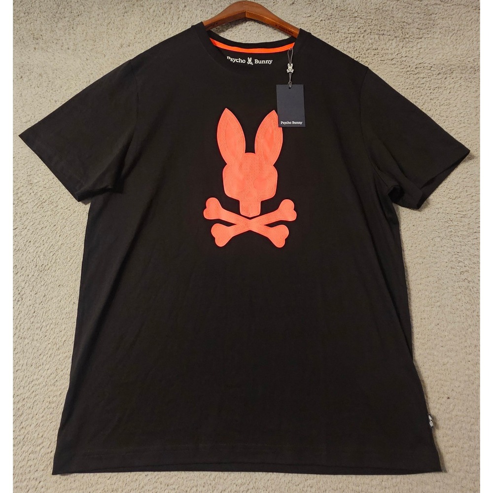 Psycho Bunny Cleveland HD Bunny Print Tee Black Orange Mens Size 6 Large NWT